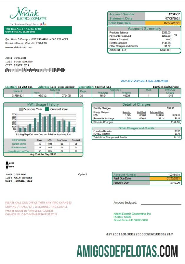realista Modelo de projeto de lei de serviços públicos da cooperativa elétrica Nodak da Dakota do Norte dos EUA em formato Word e PDF
